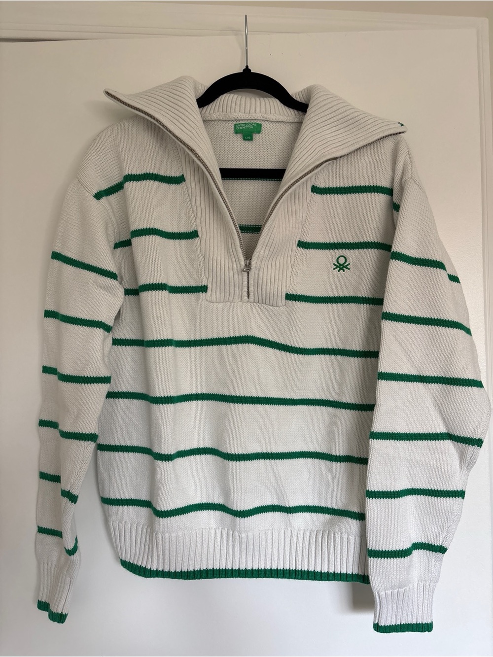 United Colors of Benetton White & Green Striped Half Zip Sailor Collar Sweate